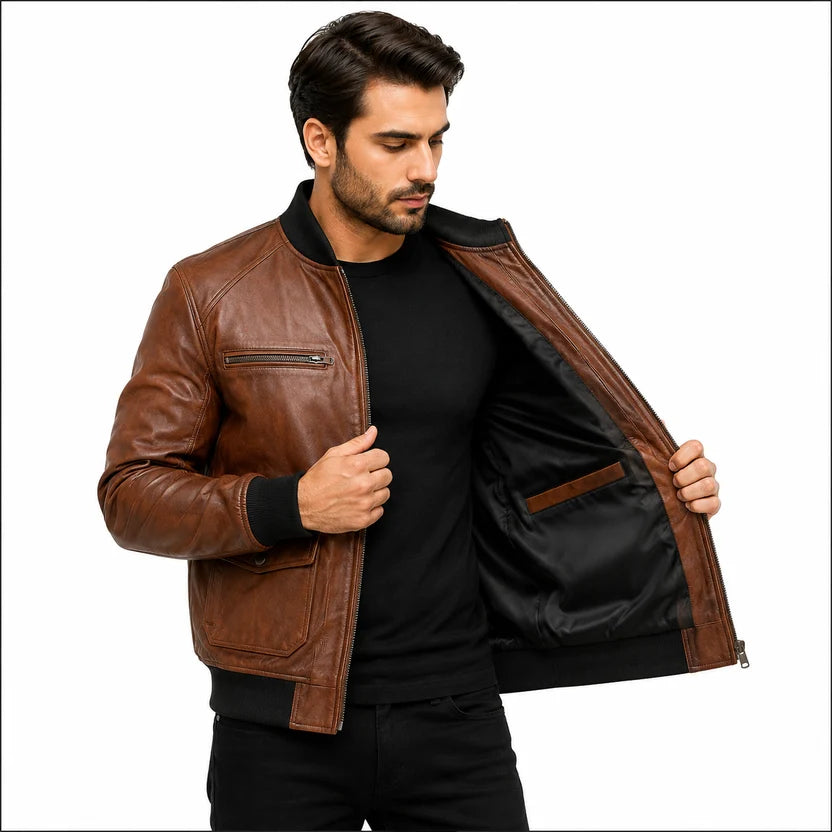 Men's Cognac Brown Leather Bomber Jacket