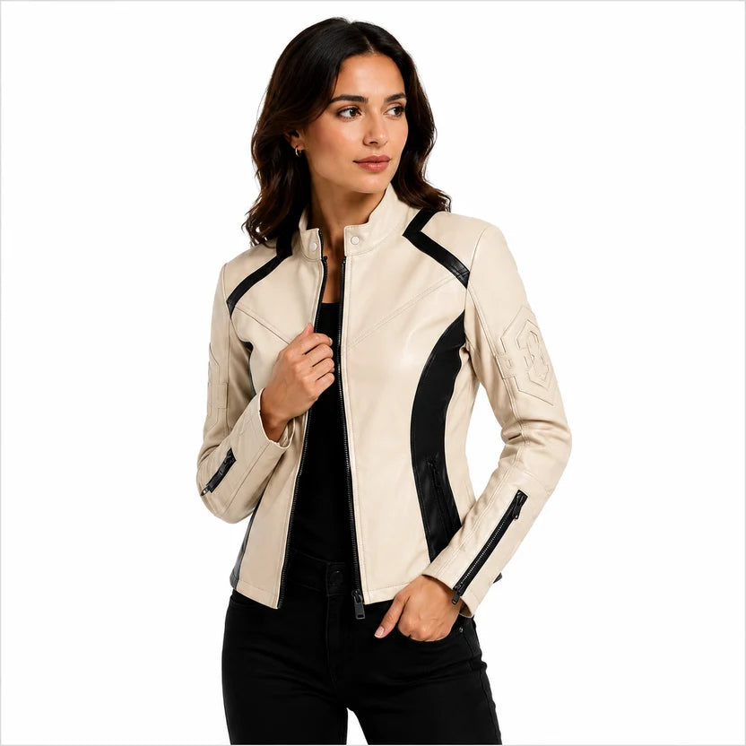 Women's cream black panel leather jacket