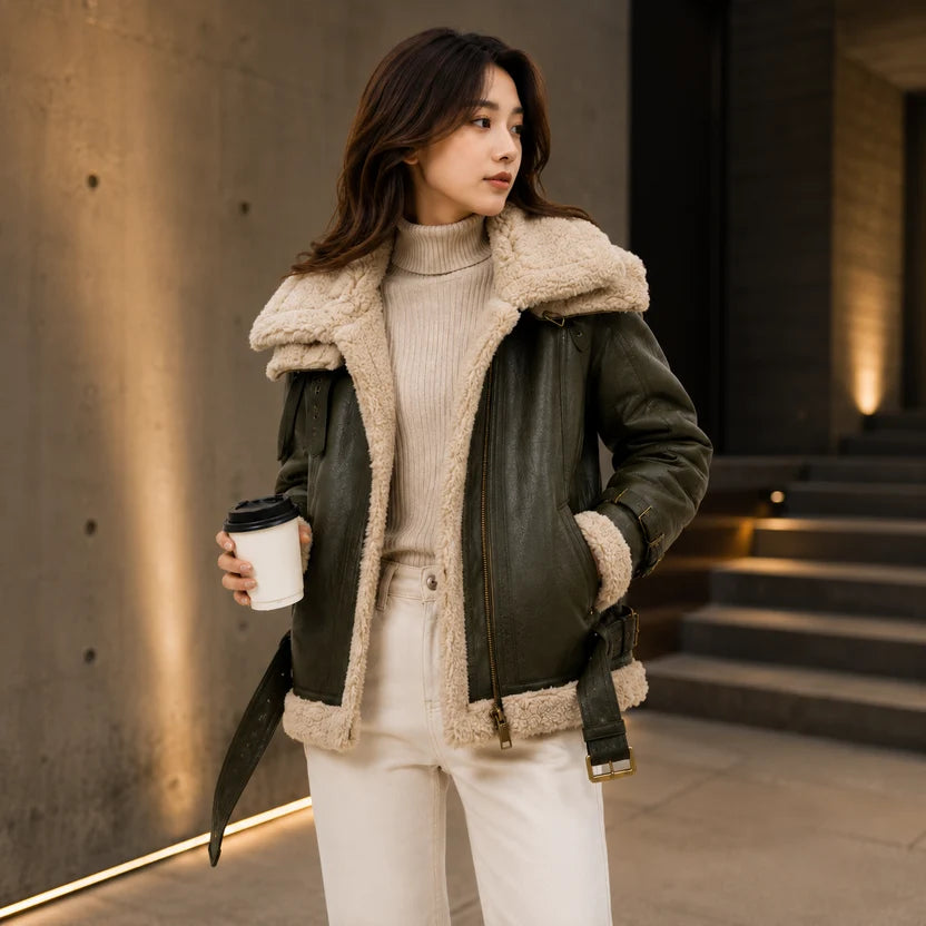 Women's Olive Green Shearling Aviator Jacket