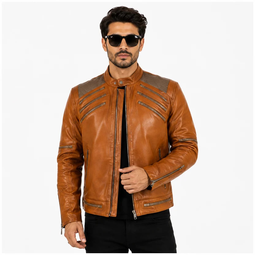 Tan Brown Leather Jacket with Metal Zip