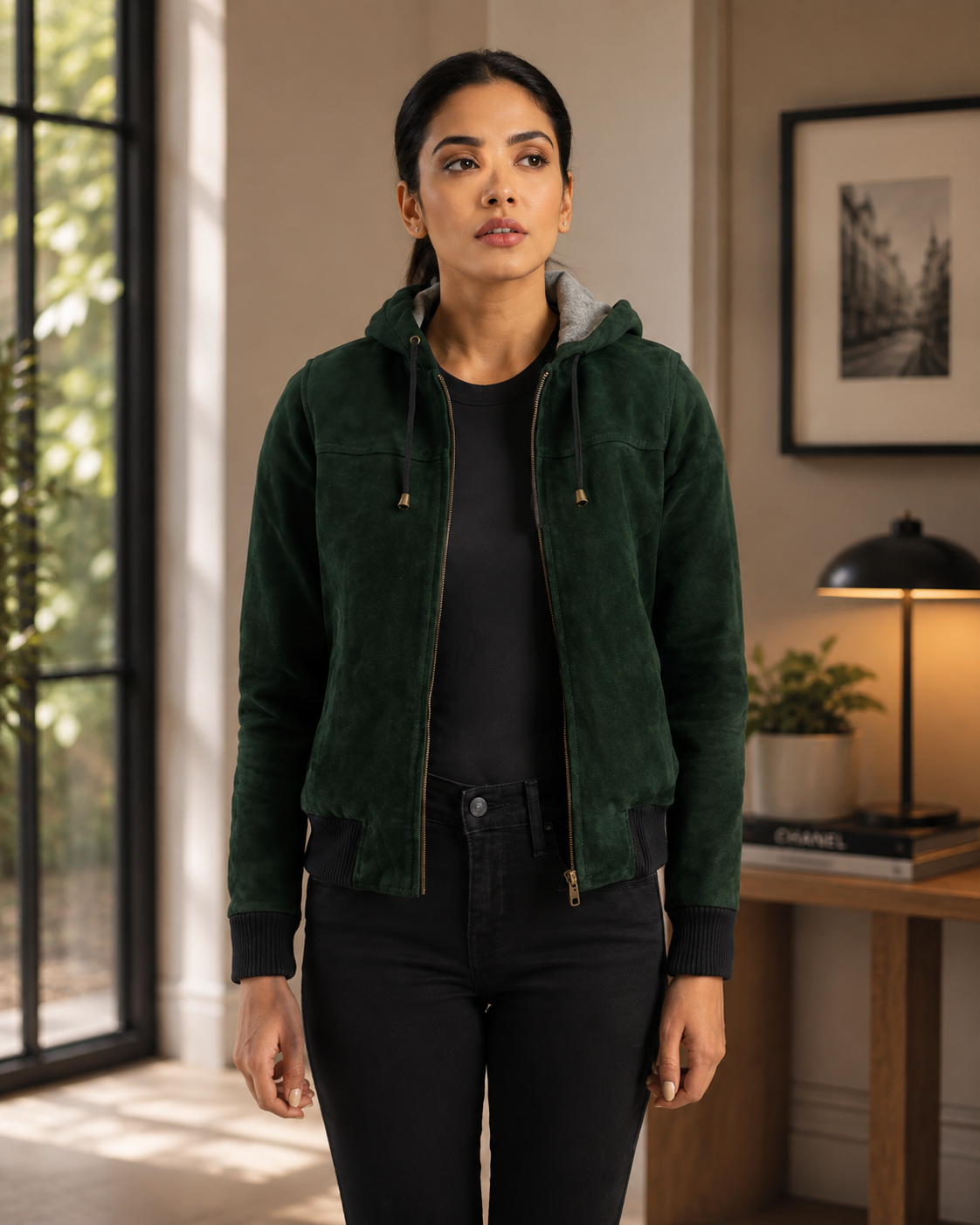 Women's Forest Green Suede Hooded Bomber Jacket