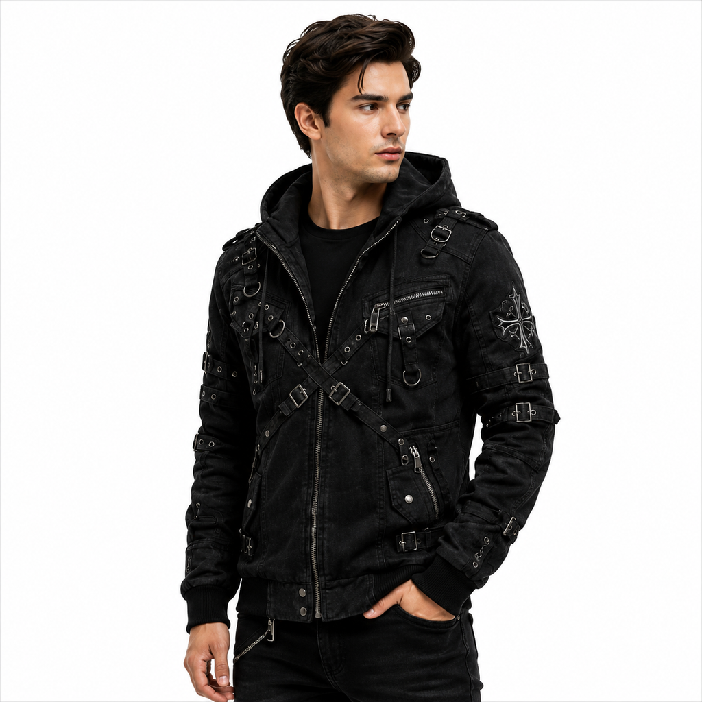 Men's Black Gothic Hooded Biker Jacket