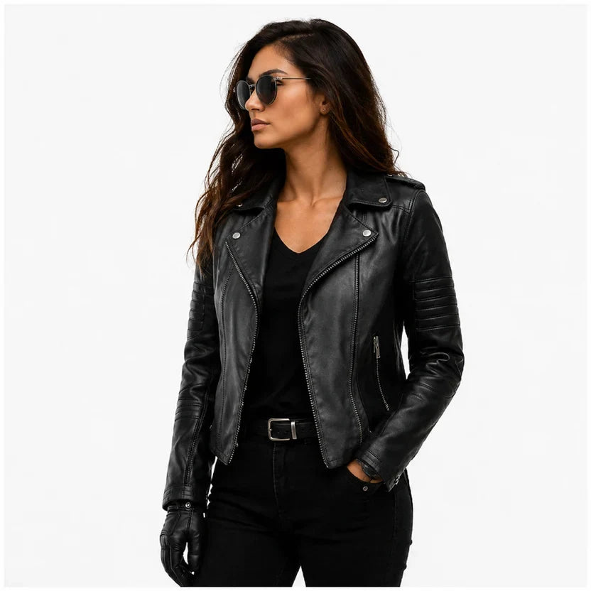 Women's Black & White Genuine Leather Moto Jacket