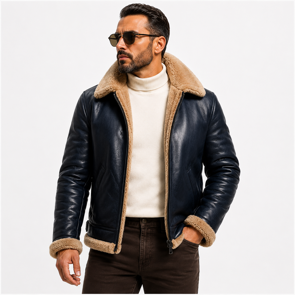 Men's Classic Navy Blue & Beige B-3 Aviator Jacket