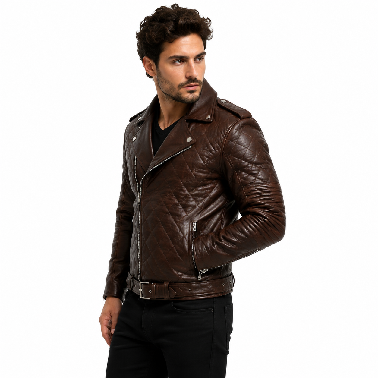 Men's Quilted Biker Brown Leather Jacket