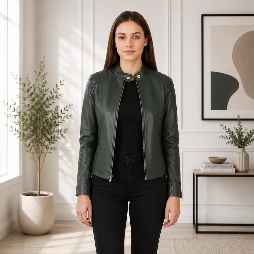 Women's Black Genuine Leather Cafe Racer Jacket