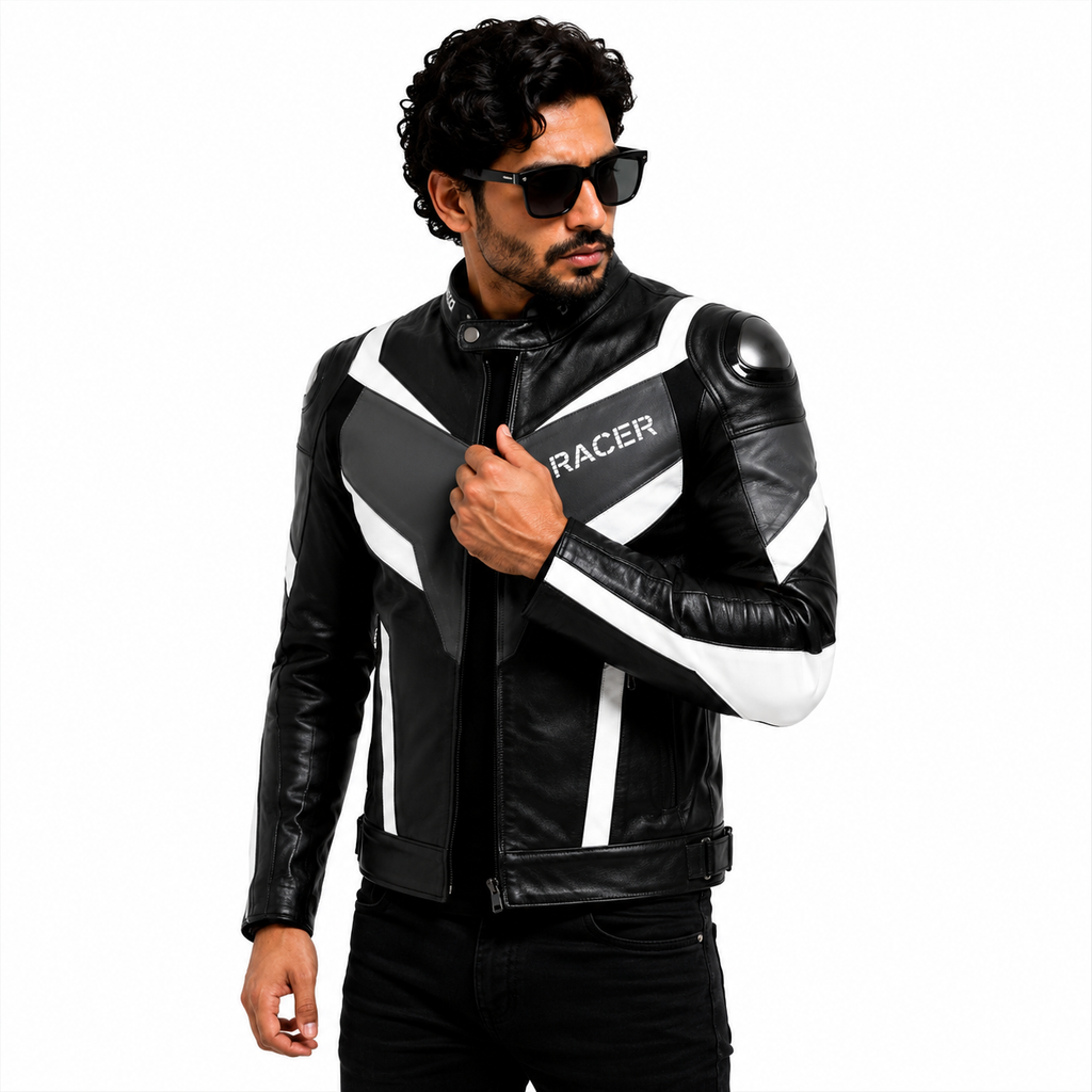 Men's Black & White Racer Leather Jacket