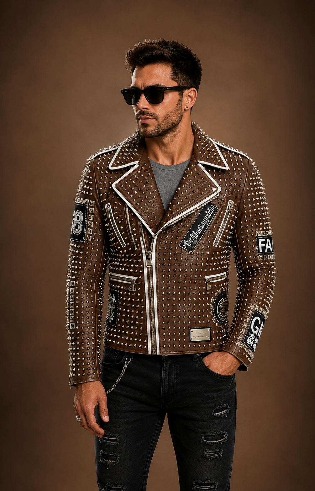 Brown studded leather biker jacket