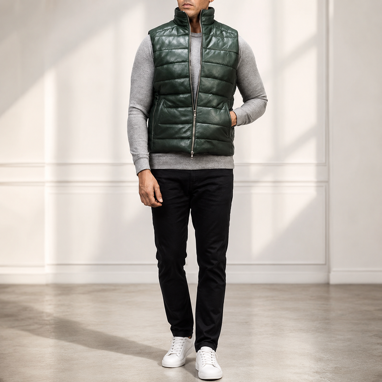 Reeves Green Leather Puffer Vest