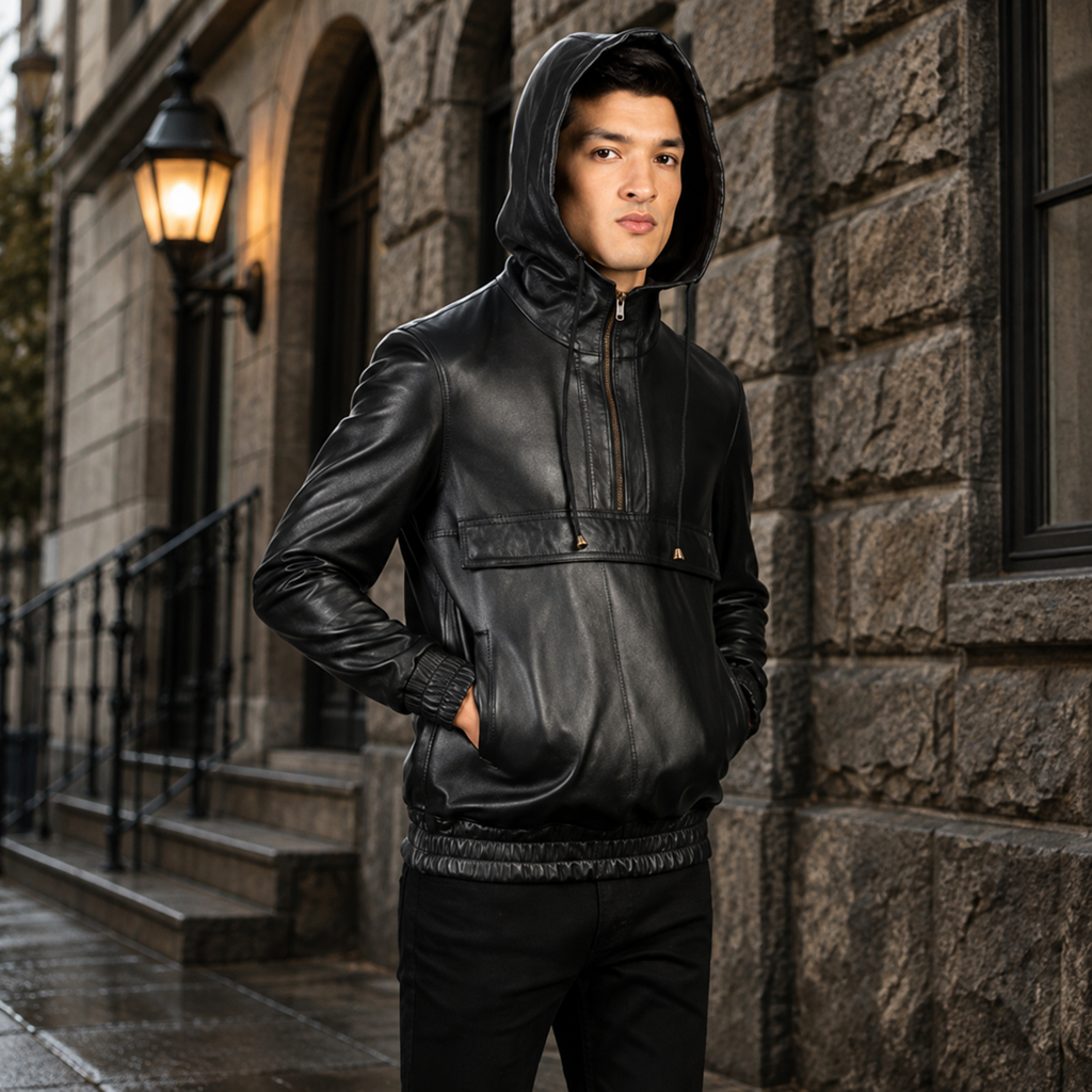 Kenton Hooded Brown Leather Pullover Jacket