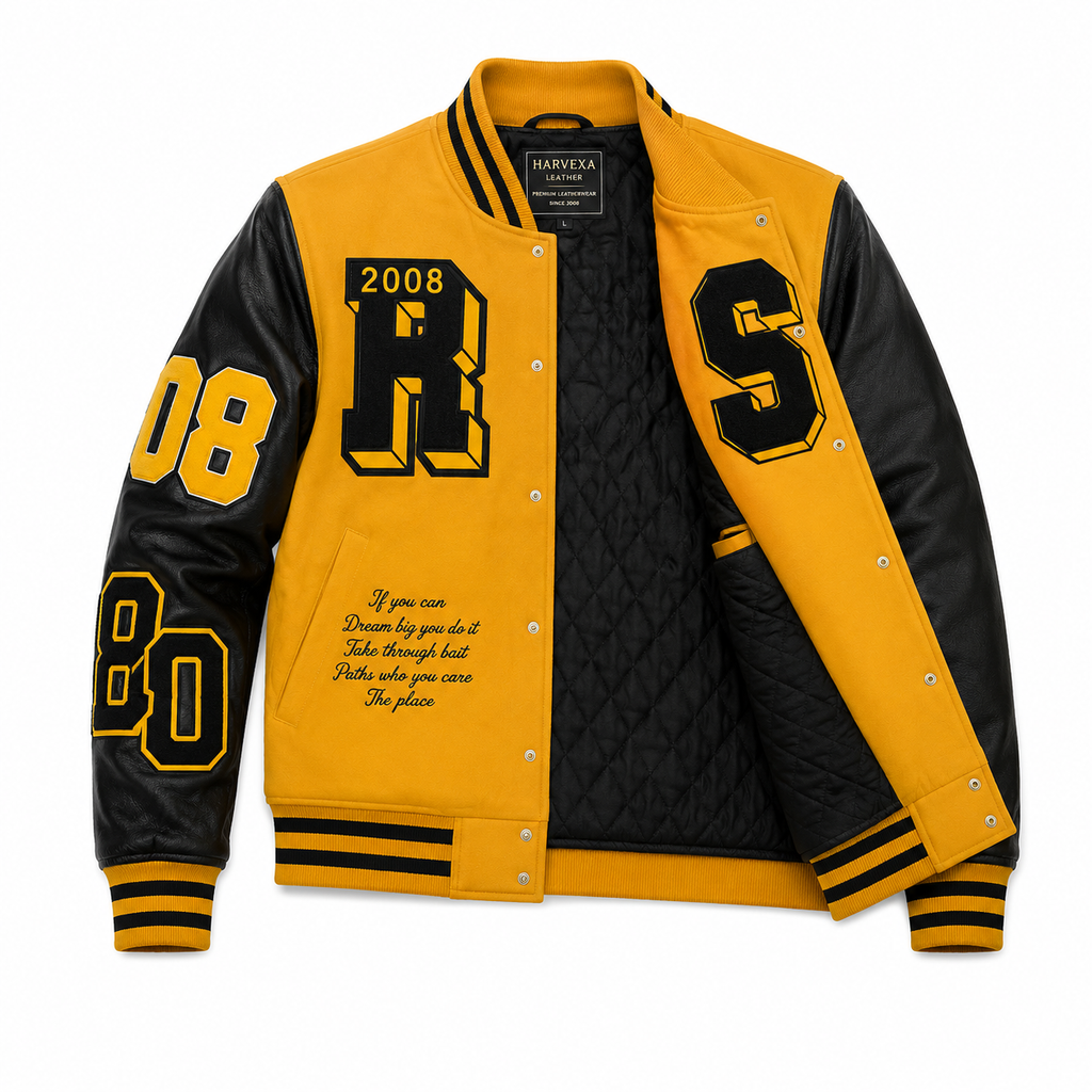 Men's Yellow and Black Varsity Letterman Jacket with Faux Leather Sleeves