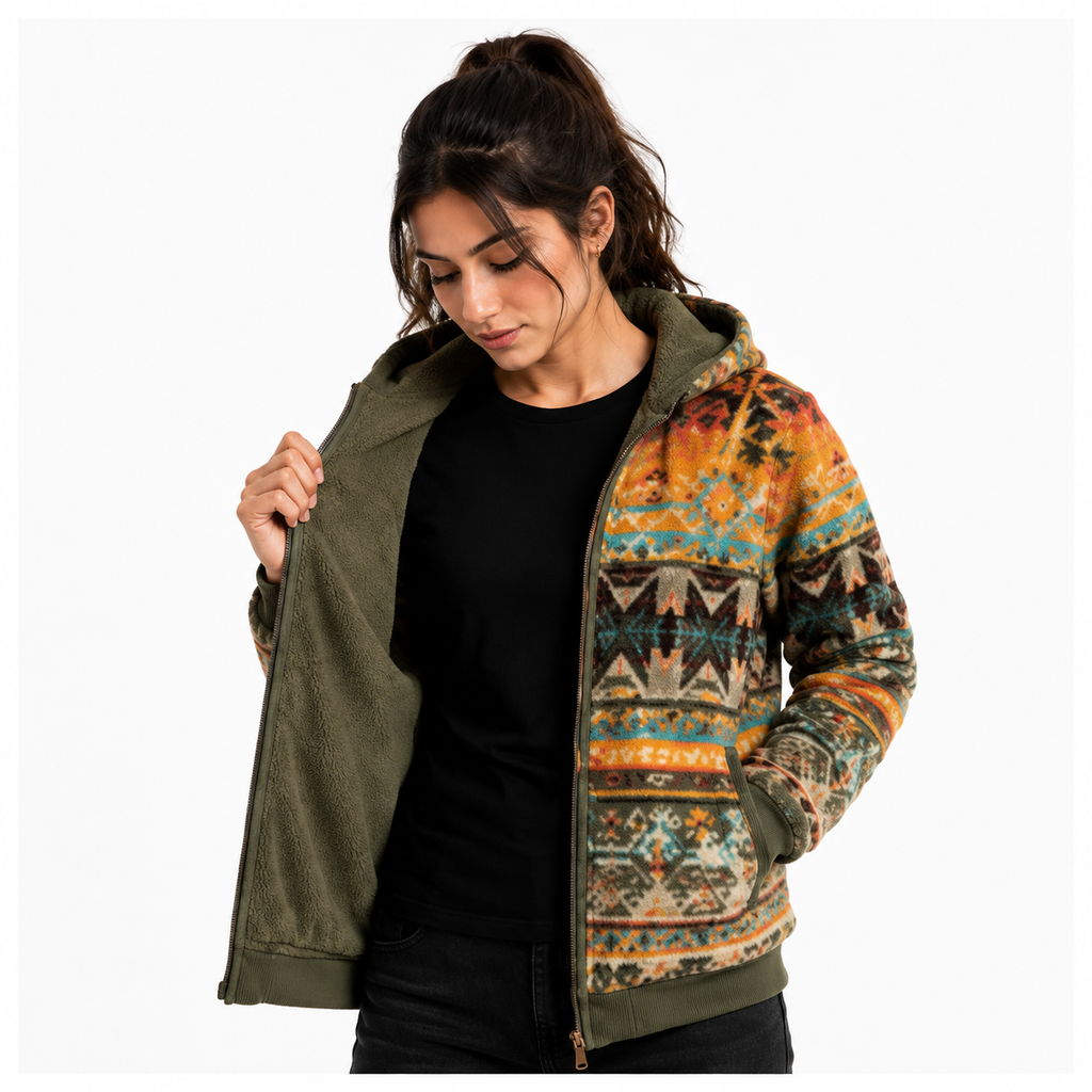 Women's Aztec Tribal Print Sherpa Jacket