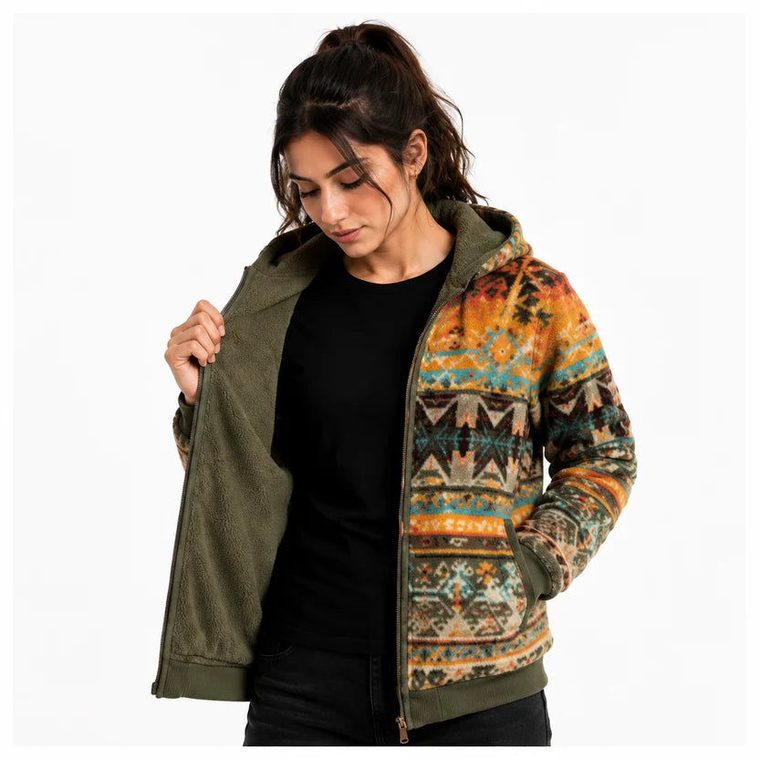 Women's Yellowstone Inspired Multicolor Aztec Geometric Zip Up Hooded Fleece Jacket