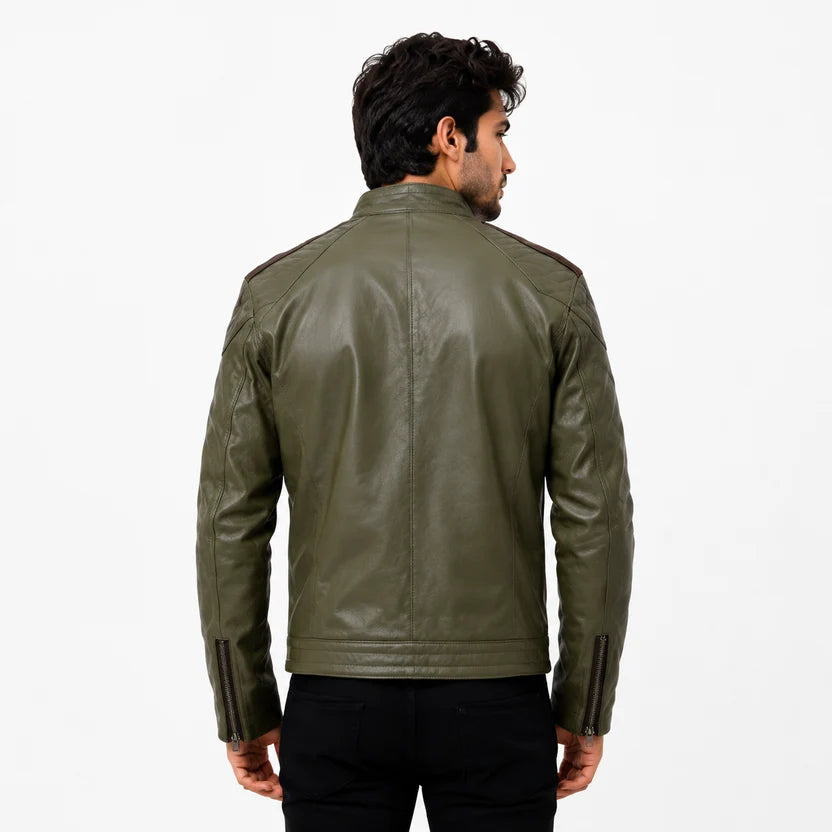 Brown stripe on shoulder and sleeve of olive green motorcycle jacket