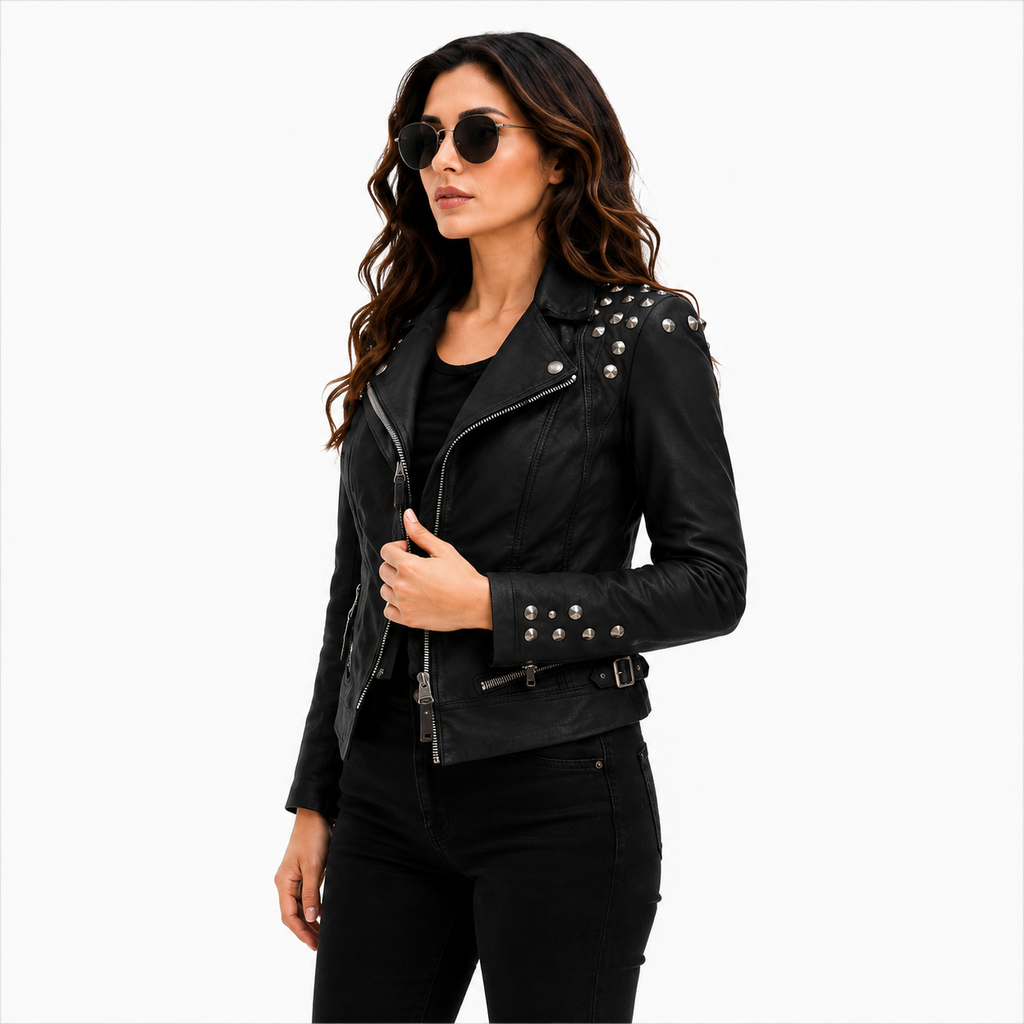 Women's Studded Black Leather Biker Jacket