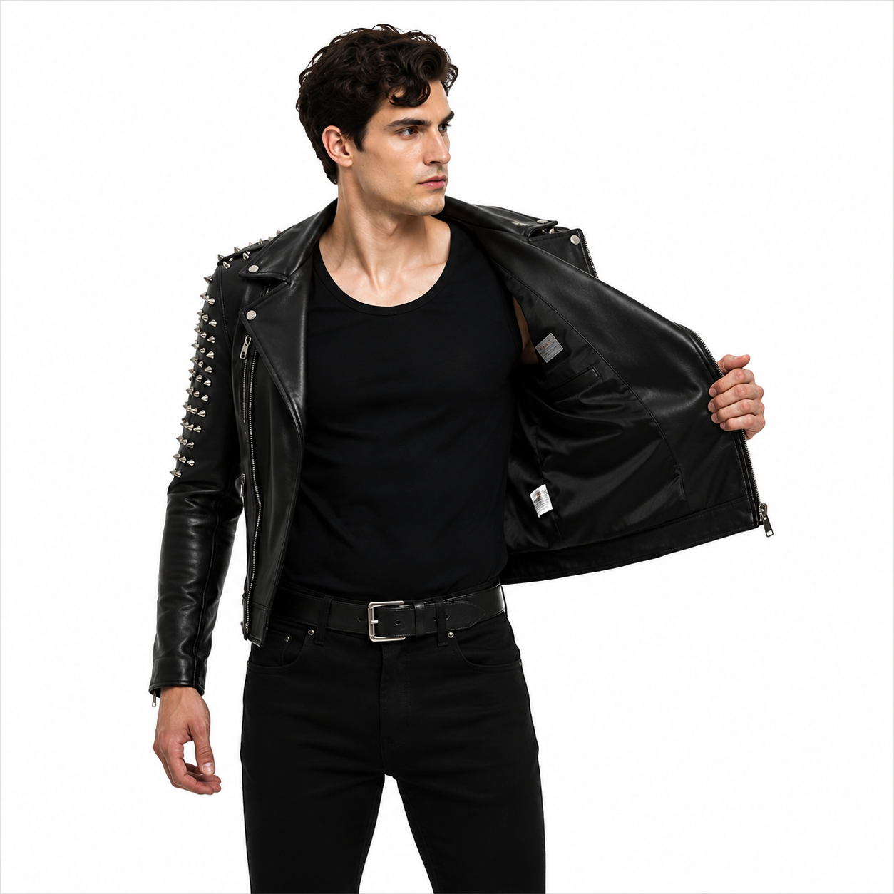 Men's Black Punk Leather Jacket with Spiked Sleeves