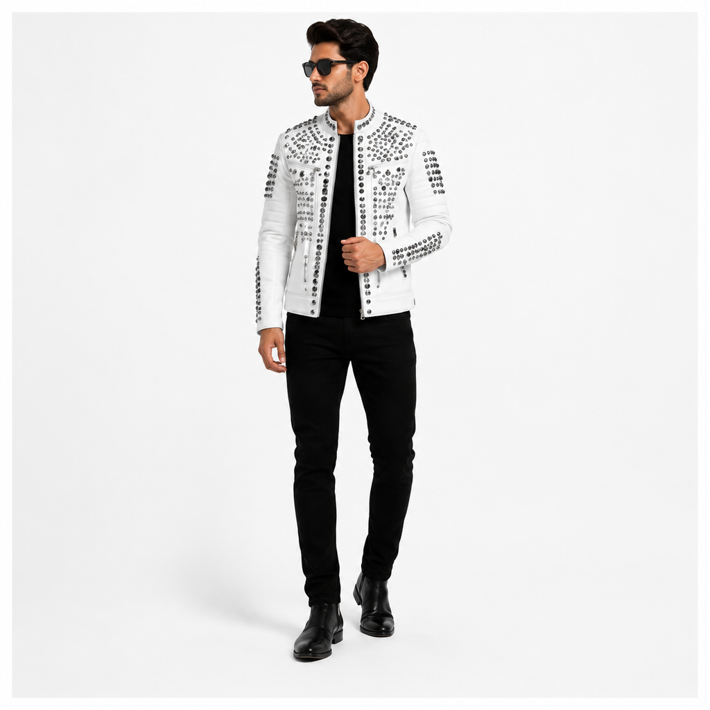 Men's White Studded Biker Leather Jacket