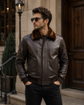 Men’s Leather Bomber Pilot Jacket with Removable Collar