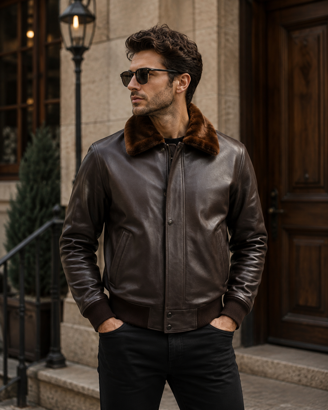 Men’s Leather Bomber Pilot Jacket with Removable Collar
