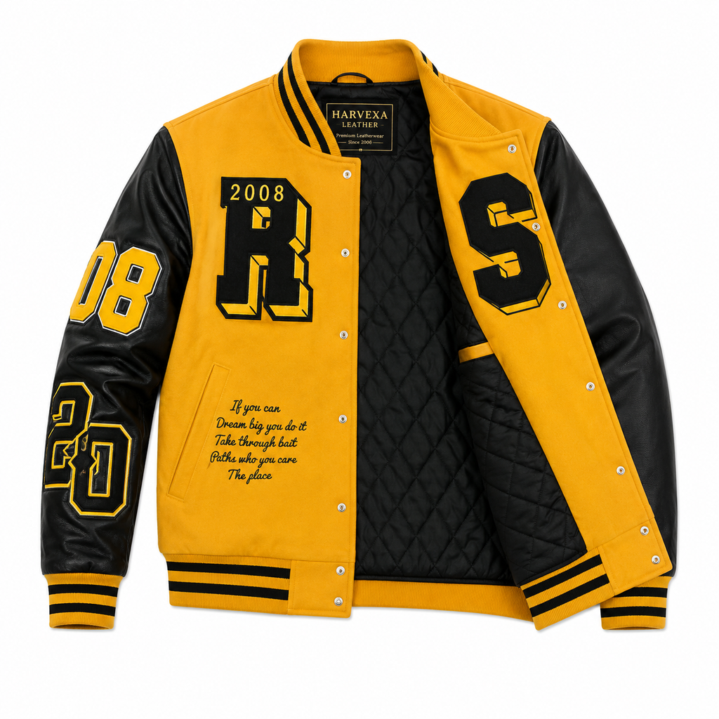 Women's Yellow and Black Varsity Letterman Jacket with Faux Leather Sleeves