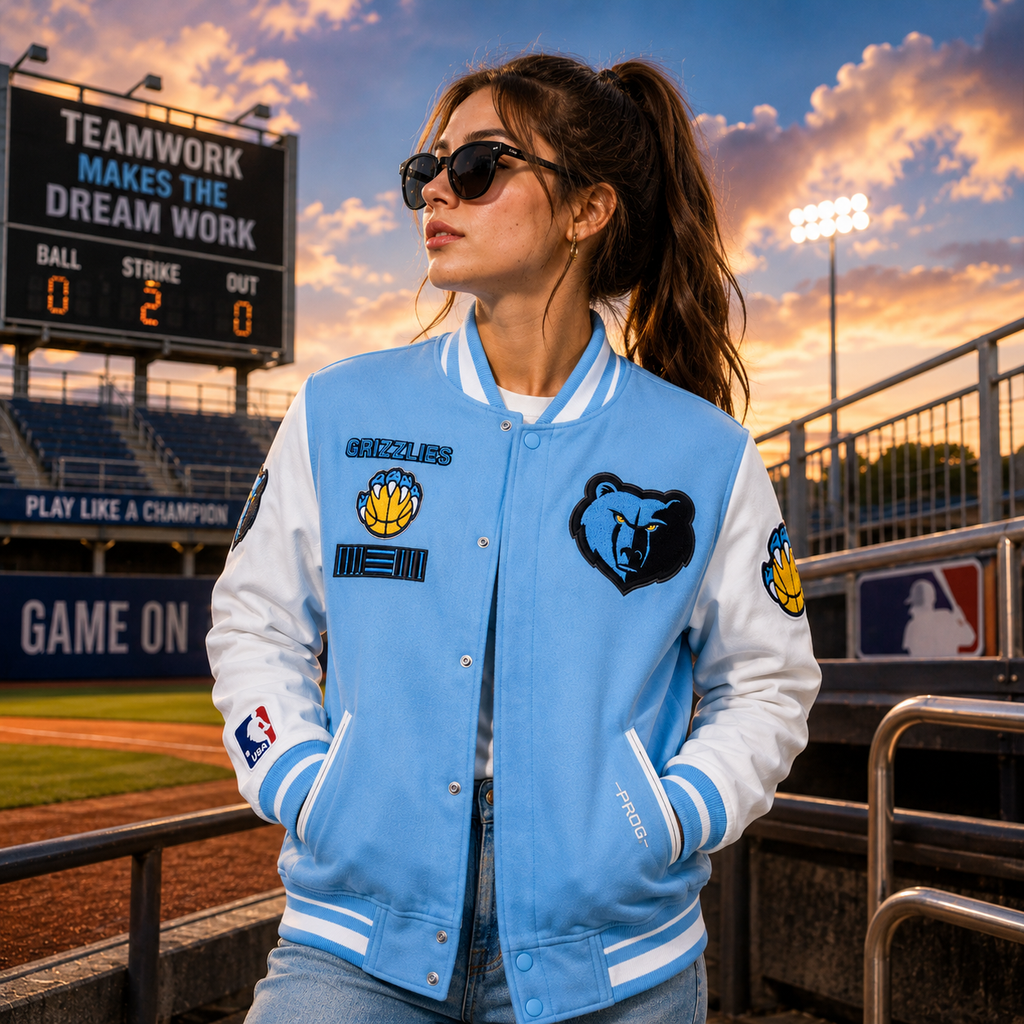 Light Blue and White Memphis Grizzlies NBA Varsity Jacket with Bear Logo Patches