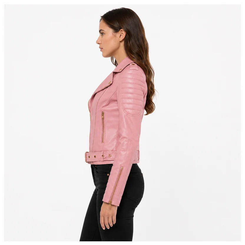 Women's Pink Biker Leather Jacket