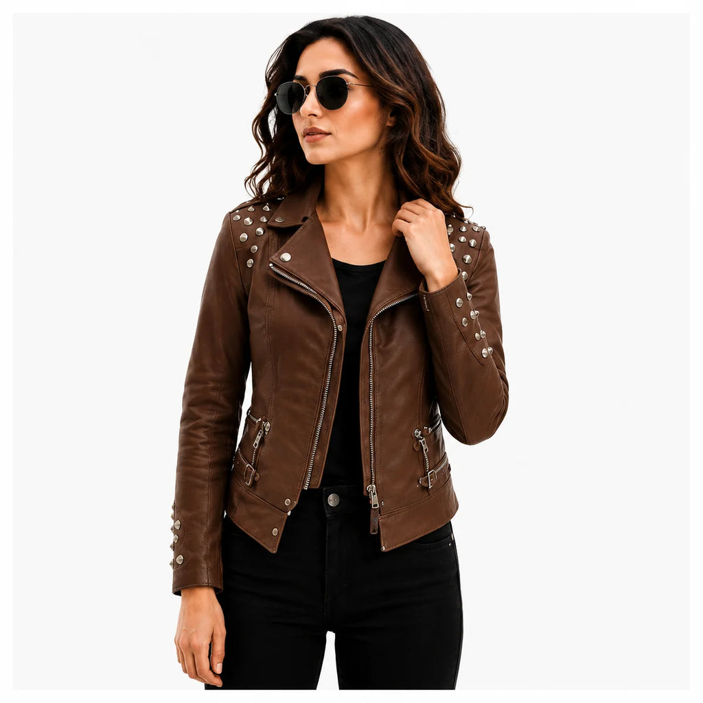 women's brown leather biker jacket