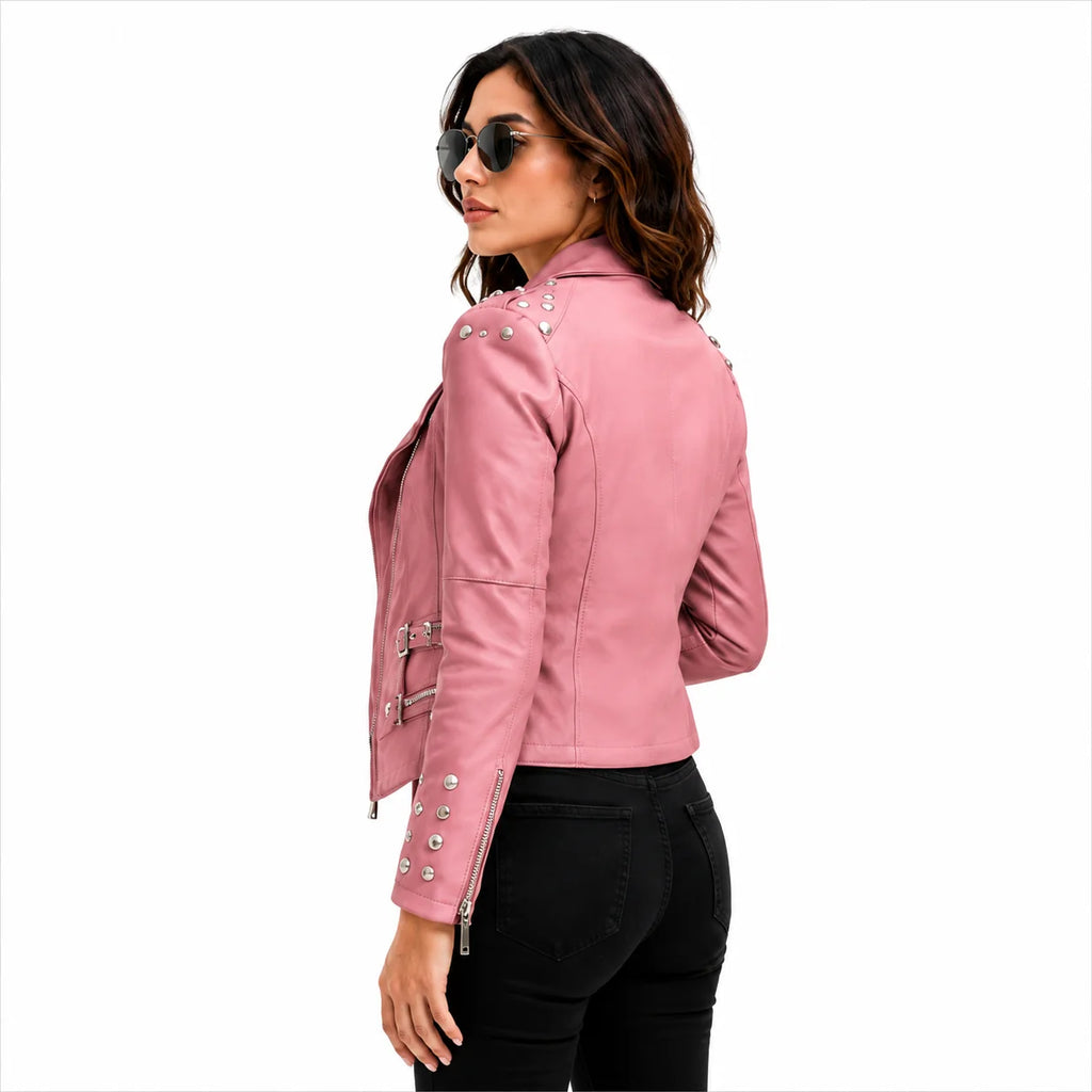 women's pink leather biker jacket