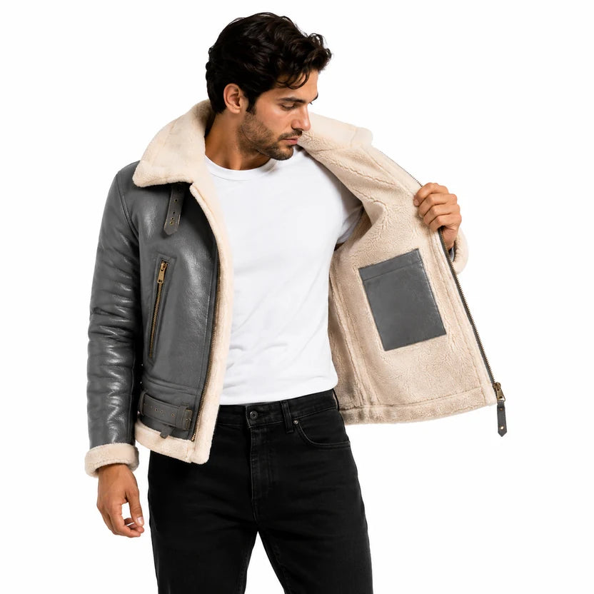 Men's Grey Leather Shearling Bomber Jacket with Cream Faux Fur Collar