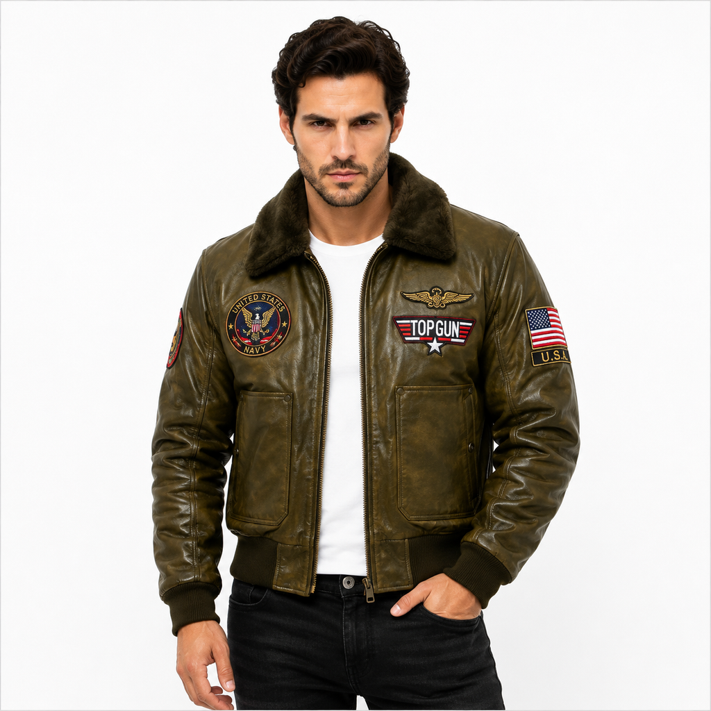Men's Olive Green Top Gun G-1 Flight Leather Bomber Jacket