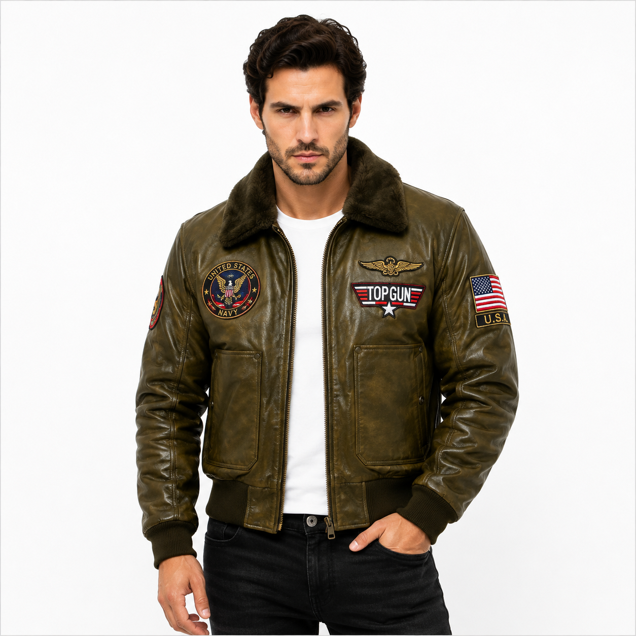 Men's Olive Green Top Gun G-1 Flight Leather Bomber Jacket