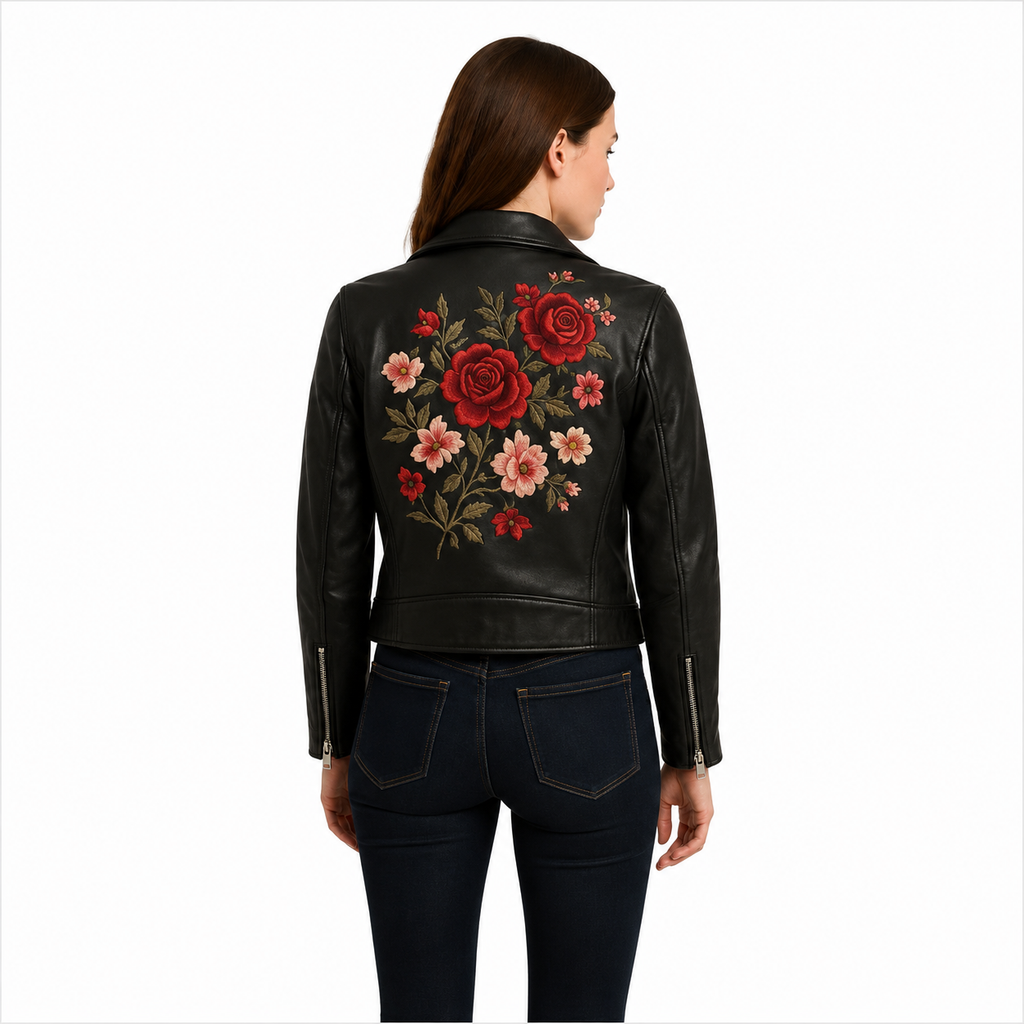 Women's Black Floral Embroidered Leather Jacket