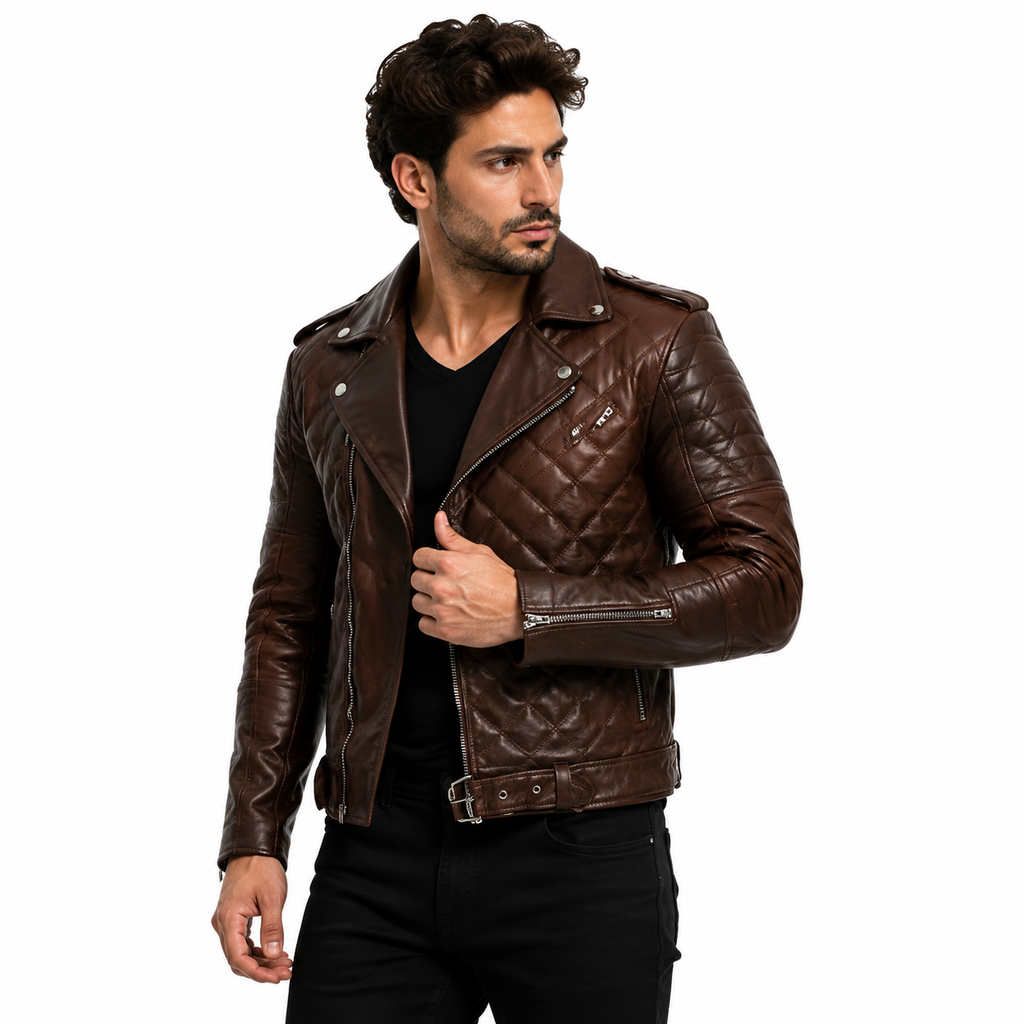 Men's Quilted Biker Brown Leather Jacket