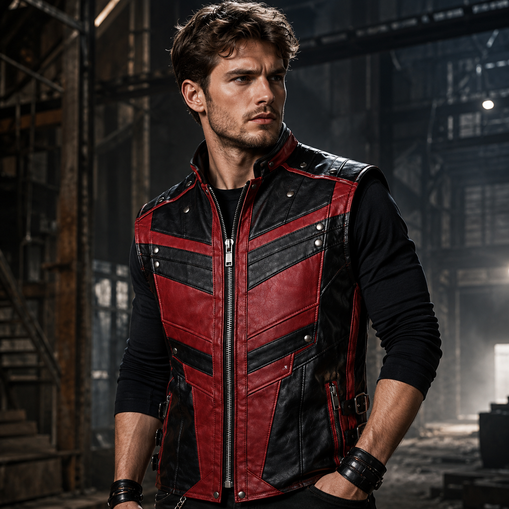 Men's Red & Black Leather Biker Vest
