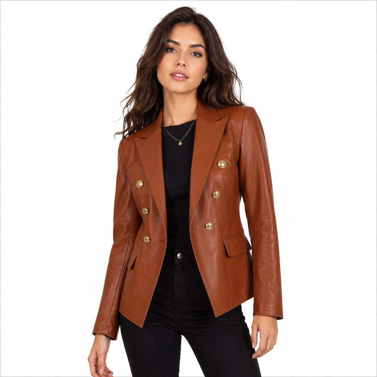 Women's Tan Brown Leather Double Breasted Blazer Jacket with Gold Buttons