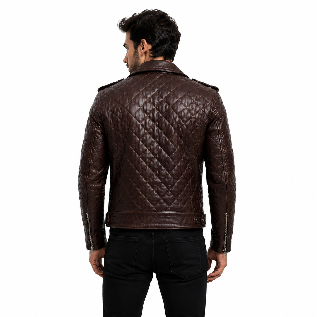 Men's Quilted Brown Leather Biker Jacket