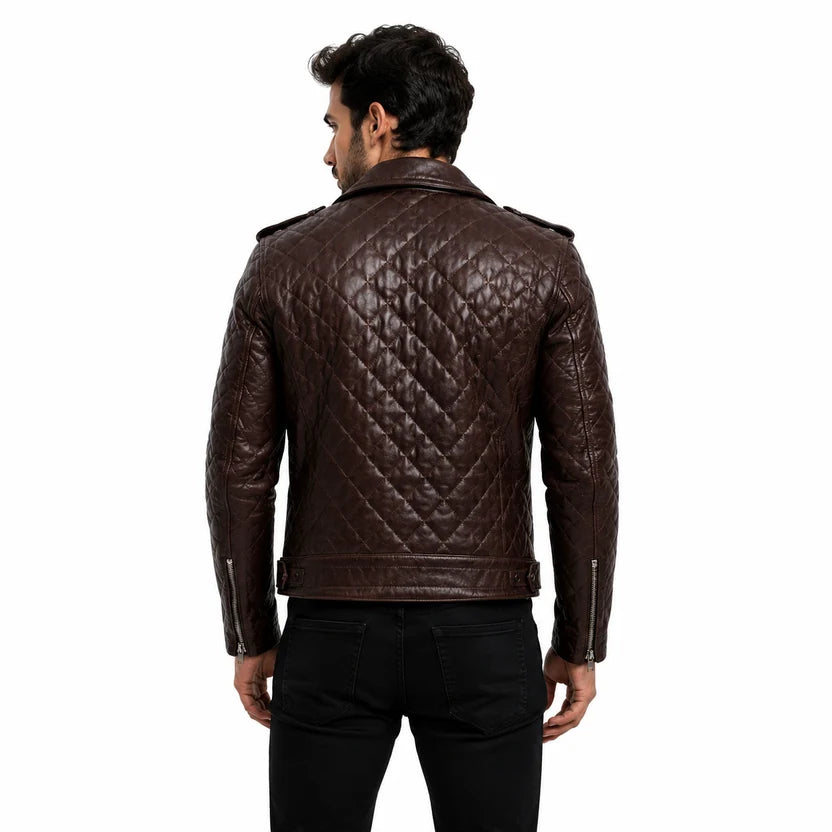 Men's Chocolate Brown Quilted Leather Biker Jacket