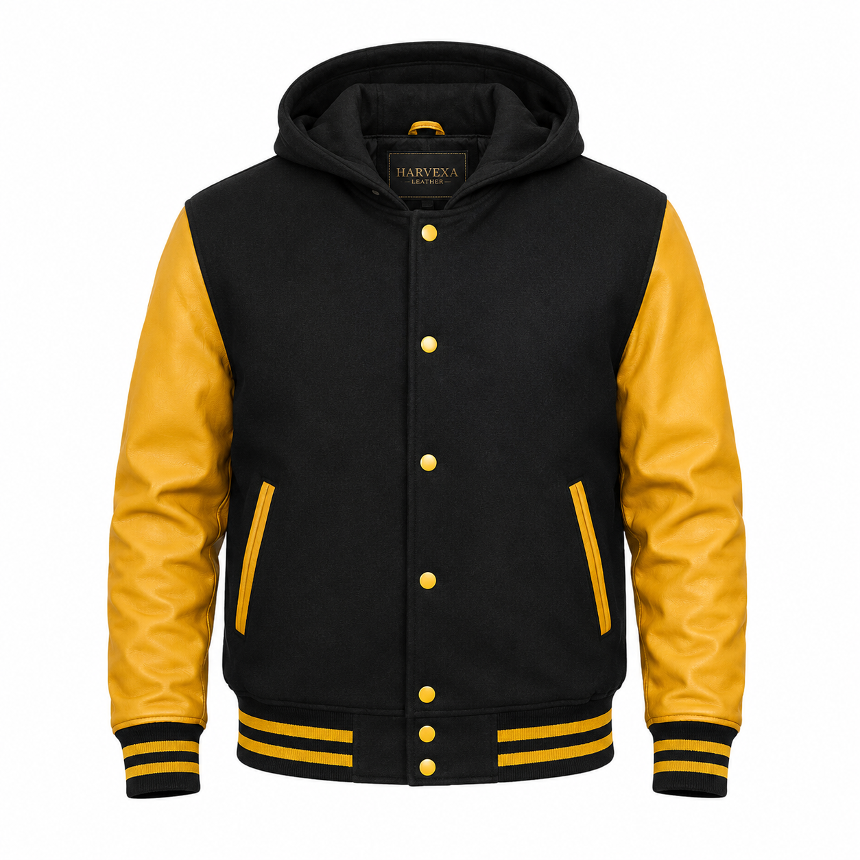 Men's Black and Mustard Yellow Hooded Varsity Jacket with Leather Sleeves