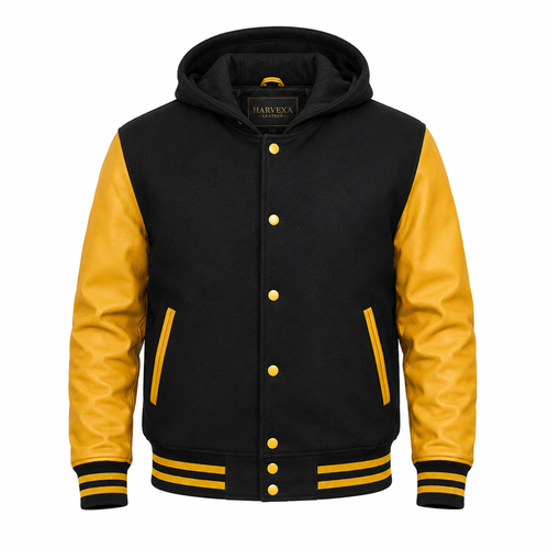 Black and Mustard Yellow Hooded Varsity Jacket with Leather Sleeves