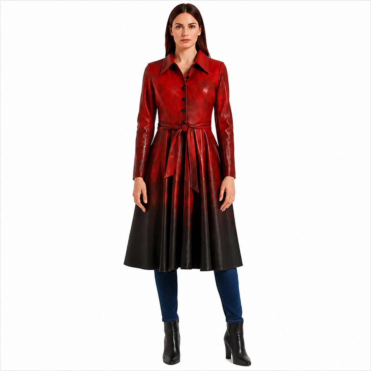 Women's Red Ombre Leather Coat with Jeans Outfit