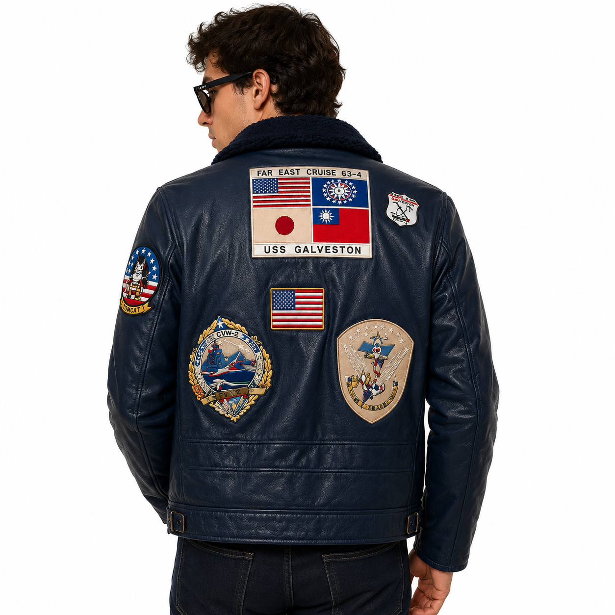 Men's Navy Blue Aviator Leather Jacket with