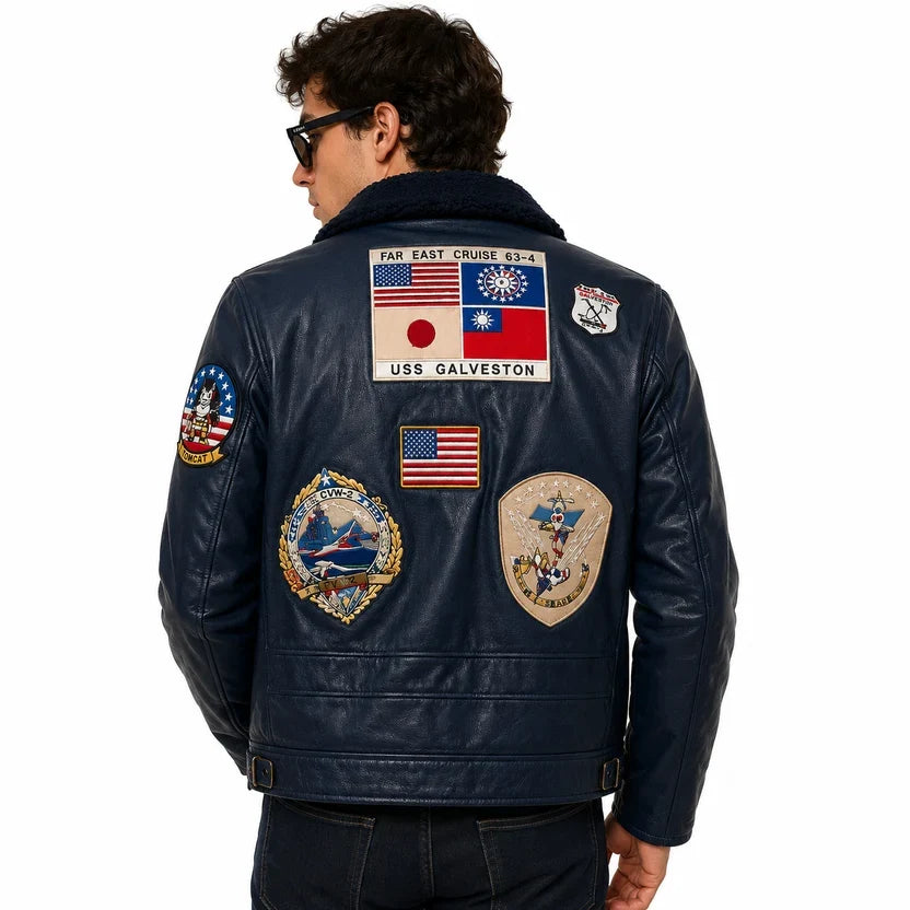 Men's Black Genuine Leather Top Gun Bomber Aviator Jacket