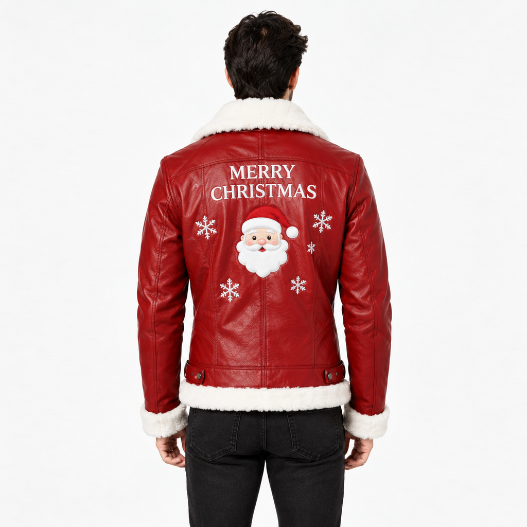 Santa Claus patch on chest of men's red Christmas biker leather jacket