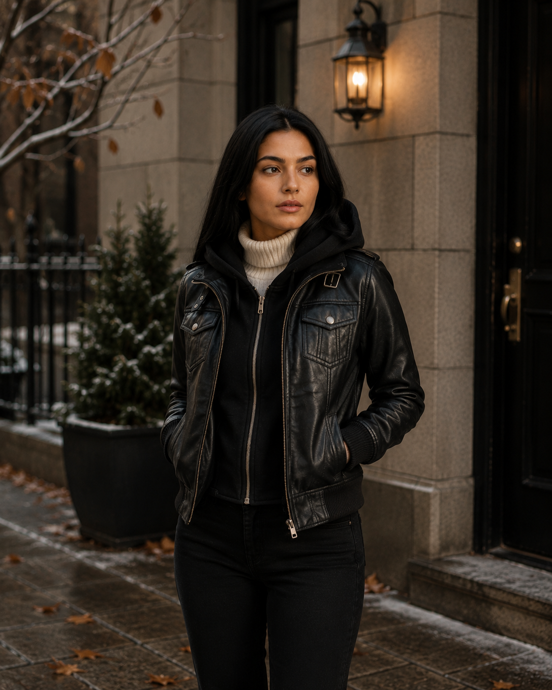 women's black leather bomber jacket