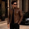 Men's Antique Brown Diamond Quilted Leather Biker Jacket