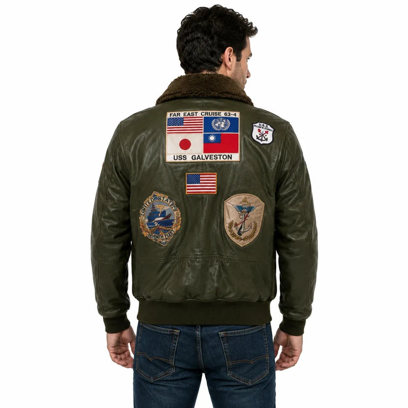 Olive Green Leather Pilot Jacket with Patches and Aviator