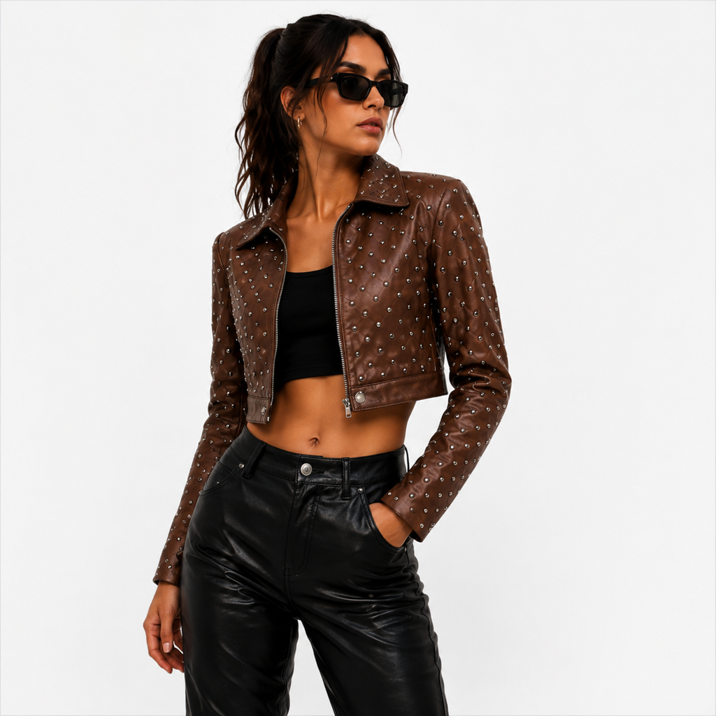 Women's Brown Cropped Studded Leather Jacket