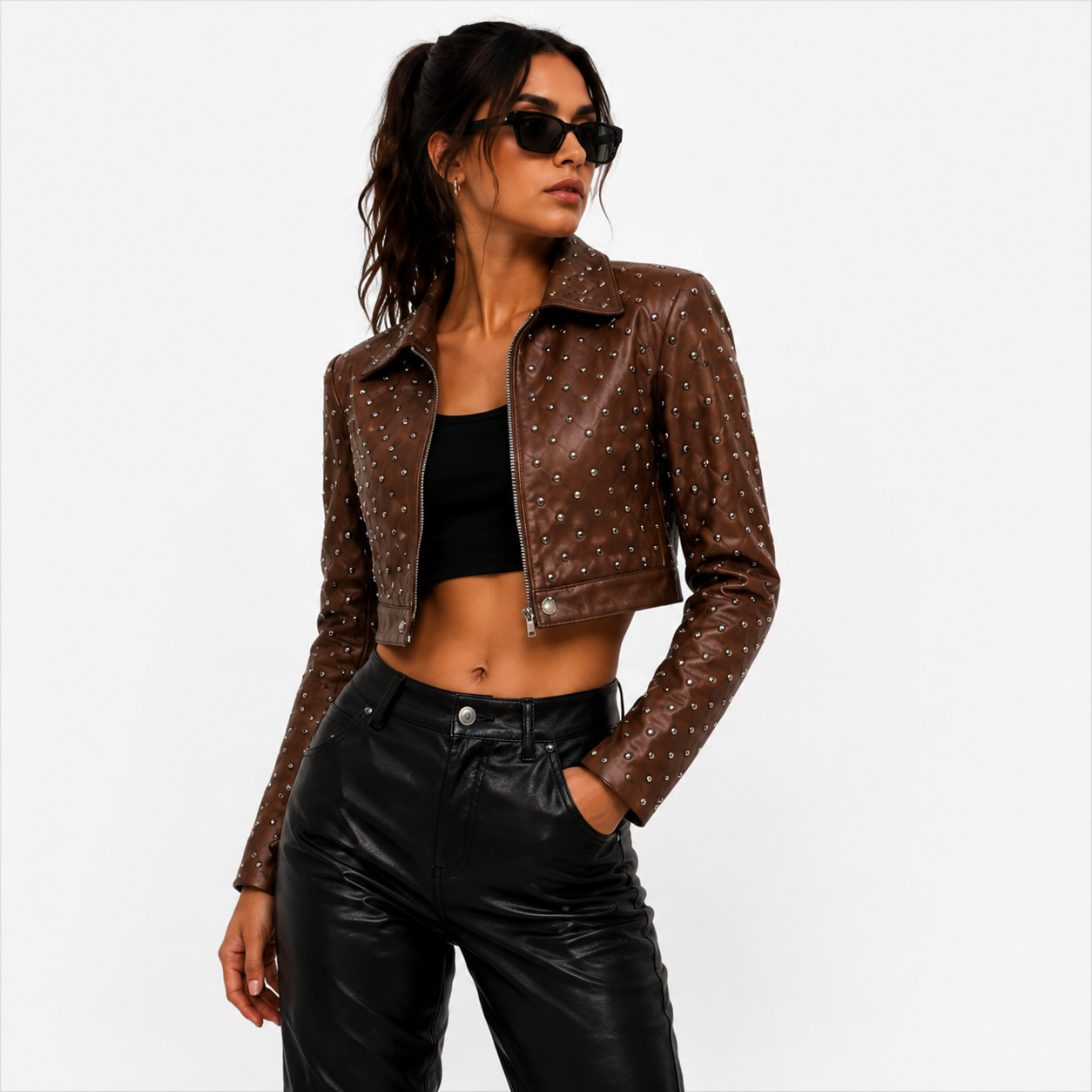 Women's Brown Cropped Studded Leather Jacket