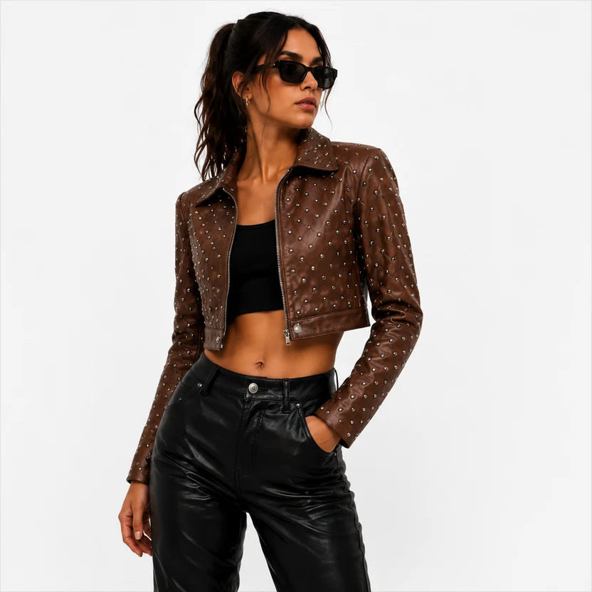 Women's Brown Studded Crop Leather Jacket