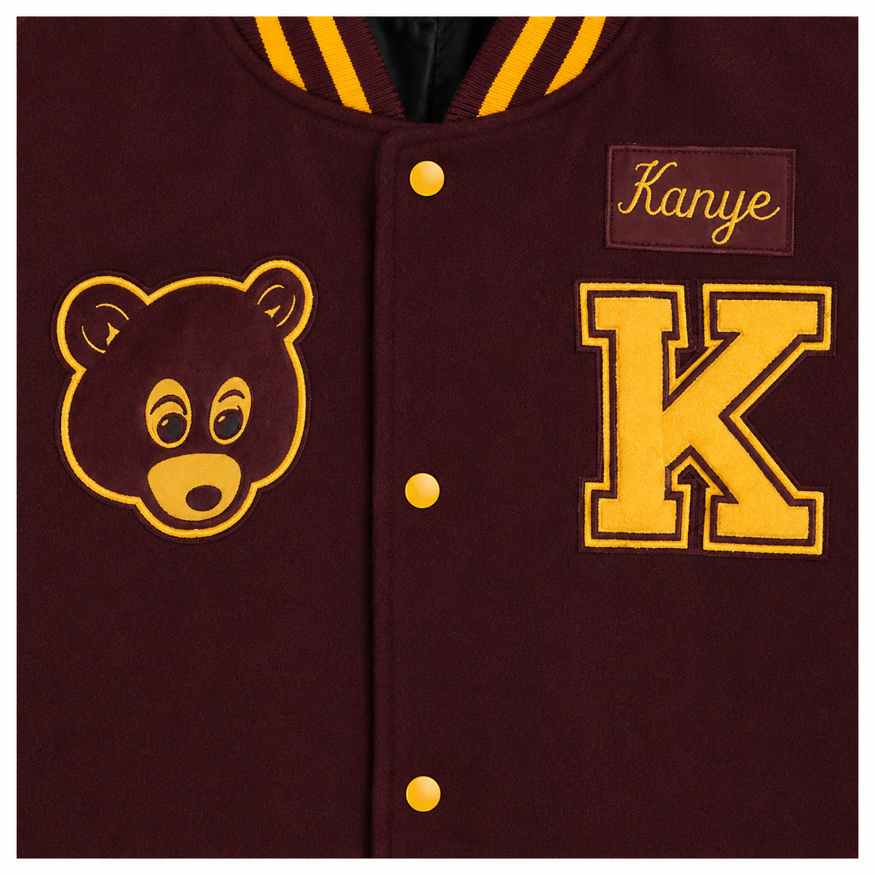 Maroon and Yellow College Dropout Bear Varsity Jacket Front with Bear Patch K Letter and Kanye Name Patch